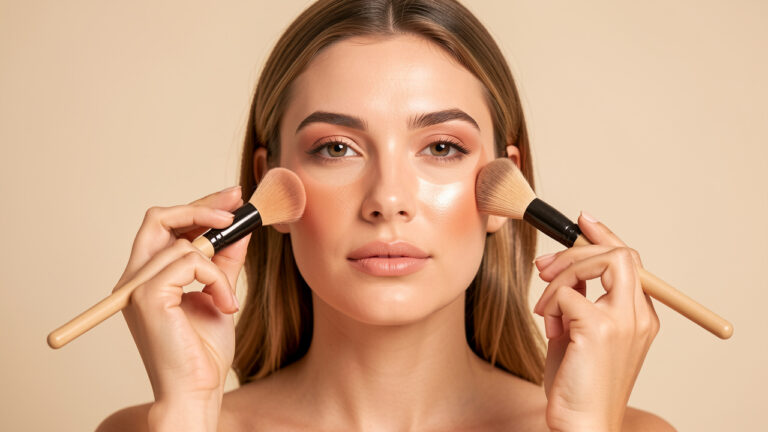 Une femme montre comment appliquer le blush, le bronzer et l’highlighter sur différentes zones du visage.