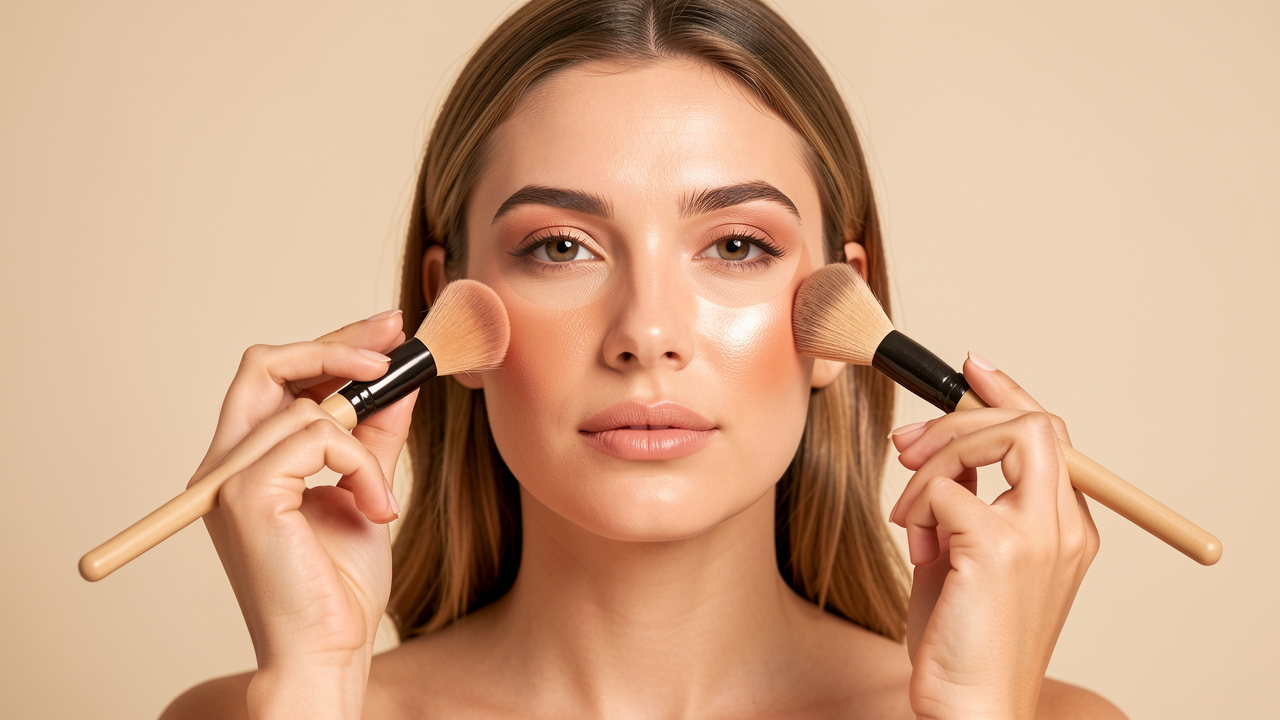 Une femme montre comment appliquer le blush, le bronzer et l’highlighter sur différentes zones du visage.