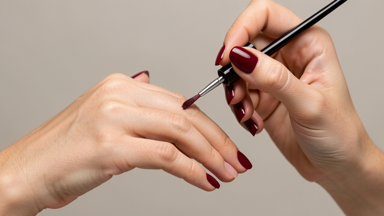 Gros plan sur les mains soignées d’une femme pendant l’application précise d’un vernis rouge cerise brillant.