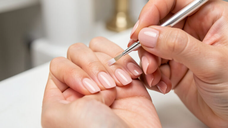 Gros plan sur une main de femme pendant l’application soigneuse d’une base transparente sur les ongles naturels, dans un espace de manucure lumineux et élégant.