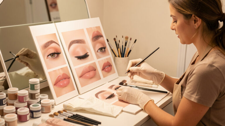 Artiste maquilleuse présentant un book professionnel de maquillage semi-permanent avec des exemples de sourcils et de lèvres, entouré de pinceaux et de matériel spécialisé.