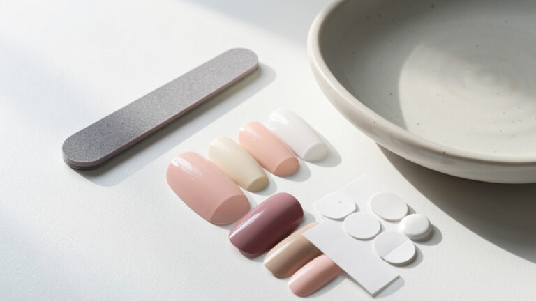 Capsules pour les ongles aux teintes douces disposées avec des accessoires de manucure sur un plateau élégant.