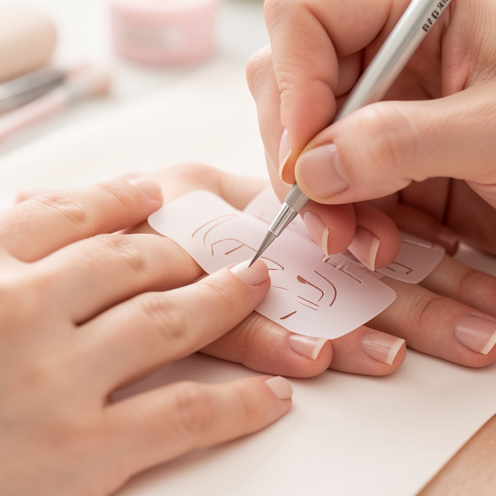 Gros plan sur les mains d’une femme aux ongles très courts et rongés, pendant la pose précise de chablons pour réaliser une manucure soignée.