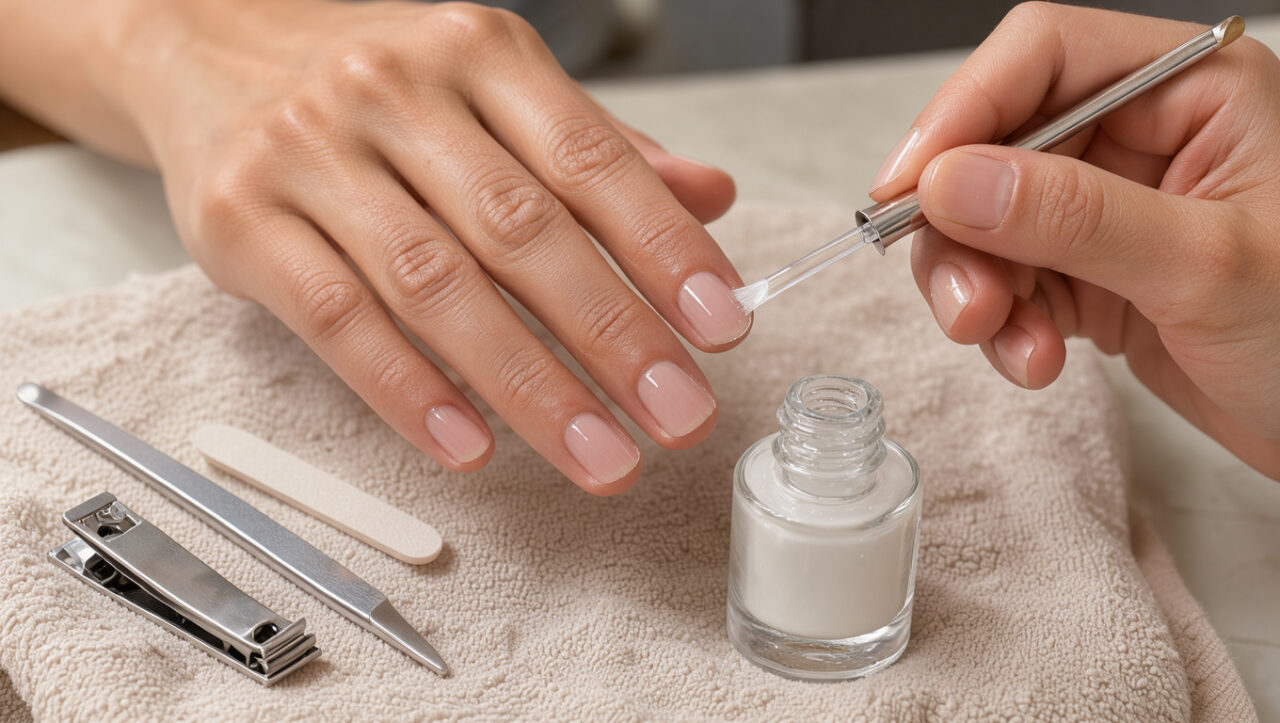 Main féminine appliquant une base protectrice transparente sur un ongle, avec des accessoires de manucure dans un environnement lumineux et soigné.