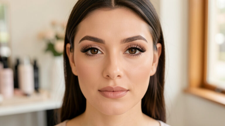 Gros plan d’une femme portant des extensions de cils naturelles et adaptées à la forme de ses yeux en amande, dans une lumière douce.