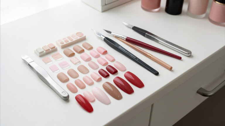 Assortiment de faux ongles et d’outils de manucure présenté sur une coiffeuse blanche, avec plusieurs formes et teintes élégantes.