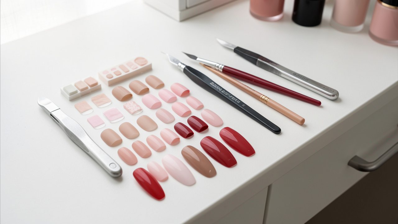 Assortiment de faux ongles et d’outils de manucure présenté sur une coiffeuse blanche, avec plusieurs formes et teintes élégantes.
