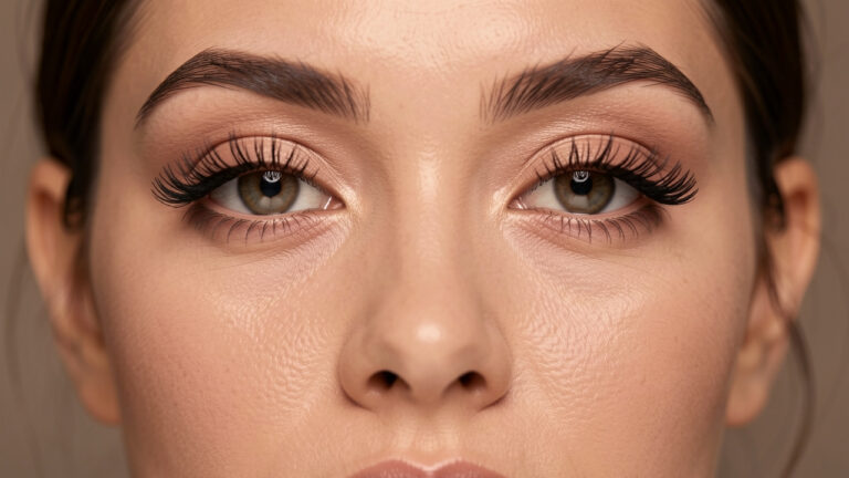 Gros plan sur les yeux en amande d’une femme portant des extensions de cils aux courbures élégantes et adaptées à la forme de ses yeux.