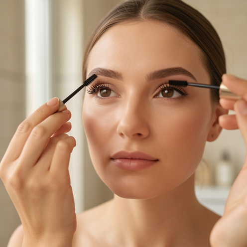 Gros plan d’une femme appliquant soigneusement du mascara résistant à l’eau sur ses cils supérieurs, avec un contour des yeux propre et net.