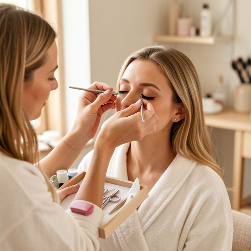 Une femme reçoit une pose d’extensions de cils réalisée avec soin à domicile dans un espace propre et lumineux.