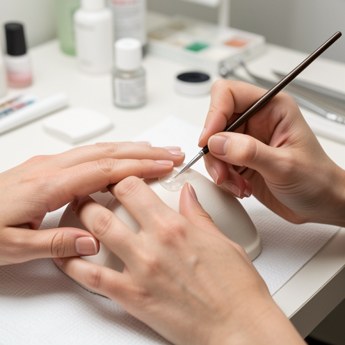 Gros plan sur les mains d’une femme pendant la réalisation d’une extension d’ongle en gel sur chablon, avec une technicienne qui façonne le gel au pinceau.