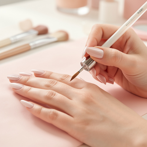 Gros plan sur les mains d’une femme portant des extensions d’ongles élégantes, pendant l’application délicate d’une huile nourrissante sur les cuticules.