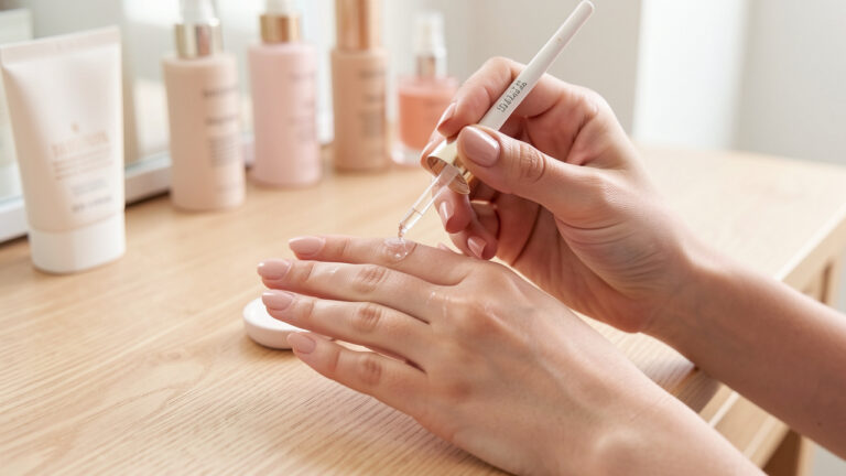 Gros plan sur les mains d’une femme aux ongles soignés, avec une manucure délicate et de l’huile nourrissante appliquée sur les cuticules.