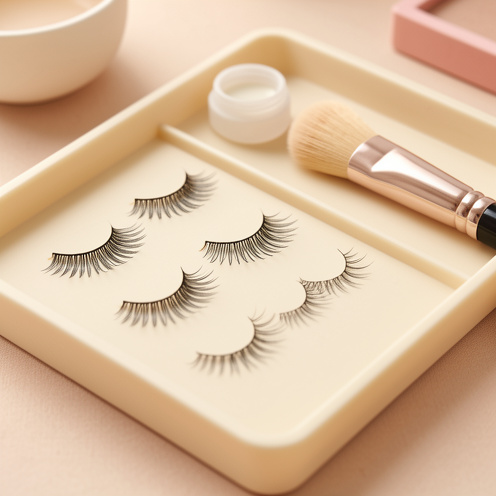 Présentation comparative de faux cils réutilisables et d’extensions de cils individuelles disposés sur un plateau ivoire dans un studio de beauté.