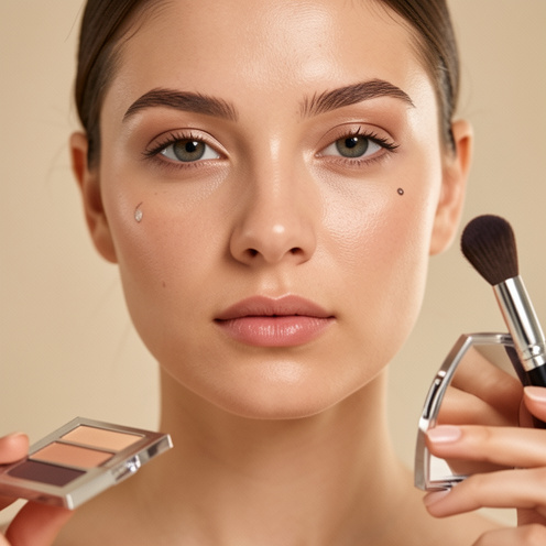 Portrait rapproché d’une femme présentant un petit grain de beauté sur la joue, avec un pinceau de maquillage et une palette cosmétique évoquant le choix entre maquillage temporaire et pigmentation durable.