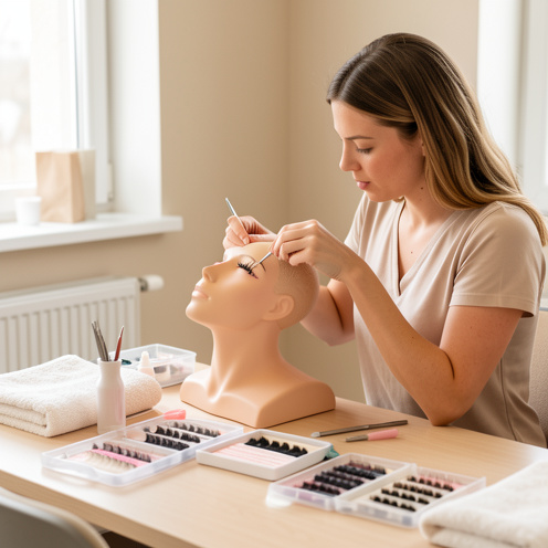 Une formatrice montre à une apprenante une technique de pose d’extensions de cils sur un mannequin d’entraînement, dans un espace de formation esthétique propre et lumineux.