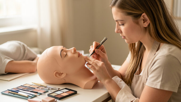 Une jeune femme en formation apprend à tracer avec précision la forme des sourcils sur un mannequin d’entraînement, accompagnée par une formatrice dans un espace de travail propre.