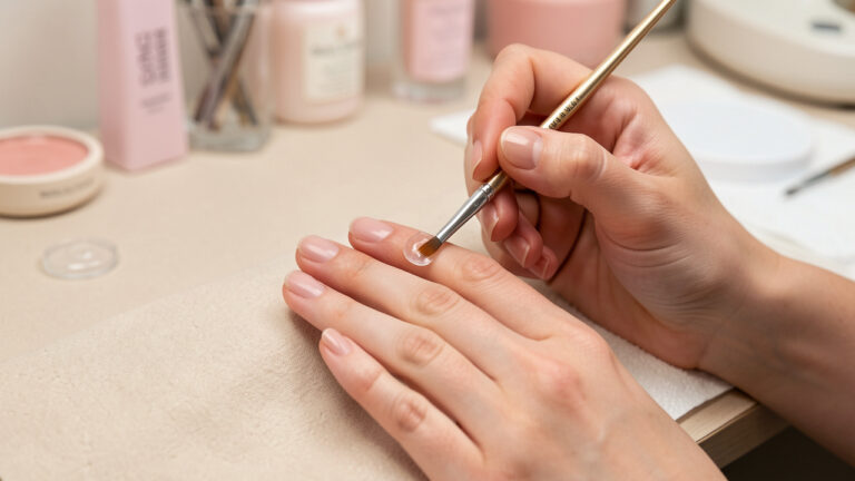 Gros plan sur les ongles naturels d’une femme renforcés avec du gel transparent par une technicienne en manucure.
