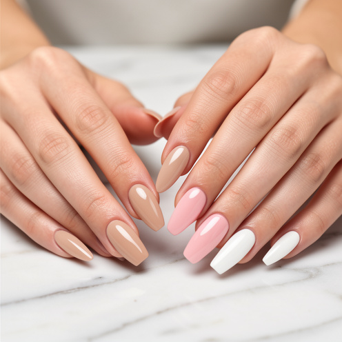 Mains féminines présentant plusieurs formes d’ongles en gel, avec des finitions nude, rose pâle et blanc laiteux.