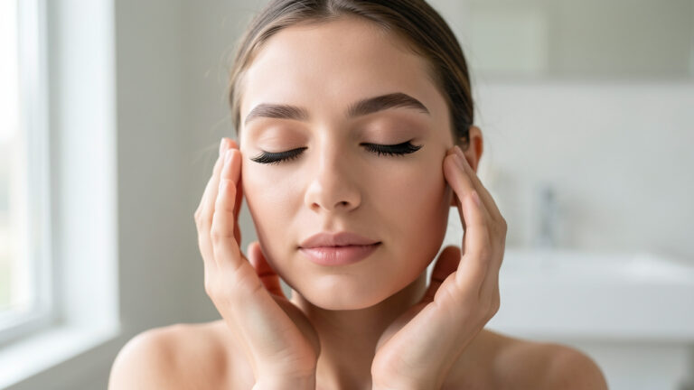 Gros plan sur une jeune femme aux extensions de cils fraîchement posées, les yeux fermés et les mains éloignées du visage dans une salle de bain lumineuse.