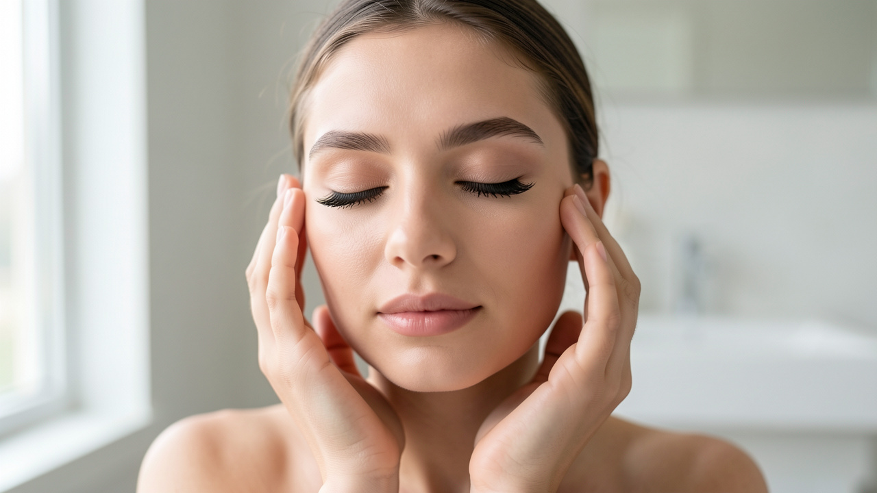 Gros plan sur une jeune femme aux extensions de cils fraîchement posées, les yeux fermés et les mains éloignées du visage dans une salle de bain lumineuse.