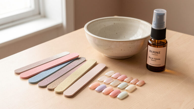 Assortiment de limes à ongles de différentes textures disposées avec des accessoires de manucure maison sur une table claire.