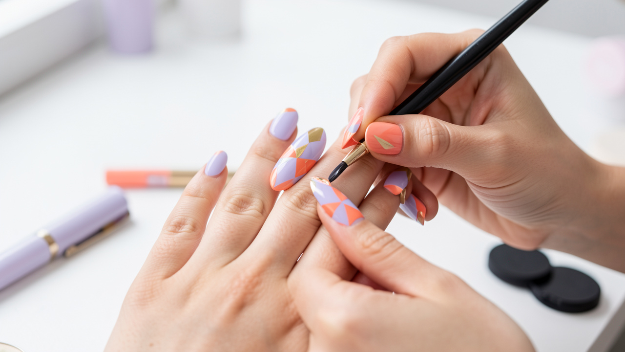 Gros plan sur les mains d’une femme décorant ses ongles avec des stickers colorés aux formes géométriques pour une manucure créative.