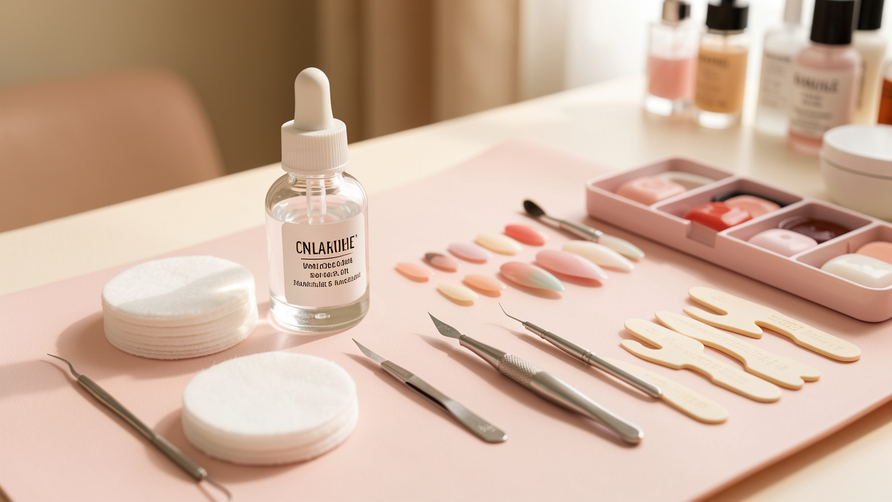 Poste de formation en manucure avec une huile à cuticules sans étiquette, des outils de précision, des cotons et des capsules d’entraînement pour ongles.