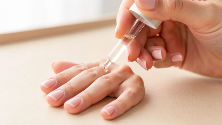 Gros plan d’une main féminine appliquant une goutte d’huile claire sur les cuticules avec un compte-gouttes.