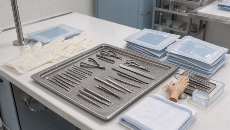 Poste de travail d’onglerie propre avec instruments de manucure désinfectés, gants jetables et sachets de stérilisation.