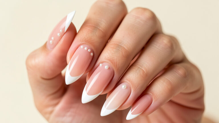 Mains féminines présentant une manucure française moderne avec des pointes blanches arrondies, une base rose translucide et de délicats accents nacrés.