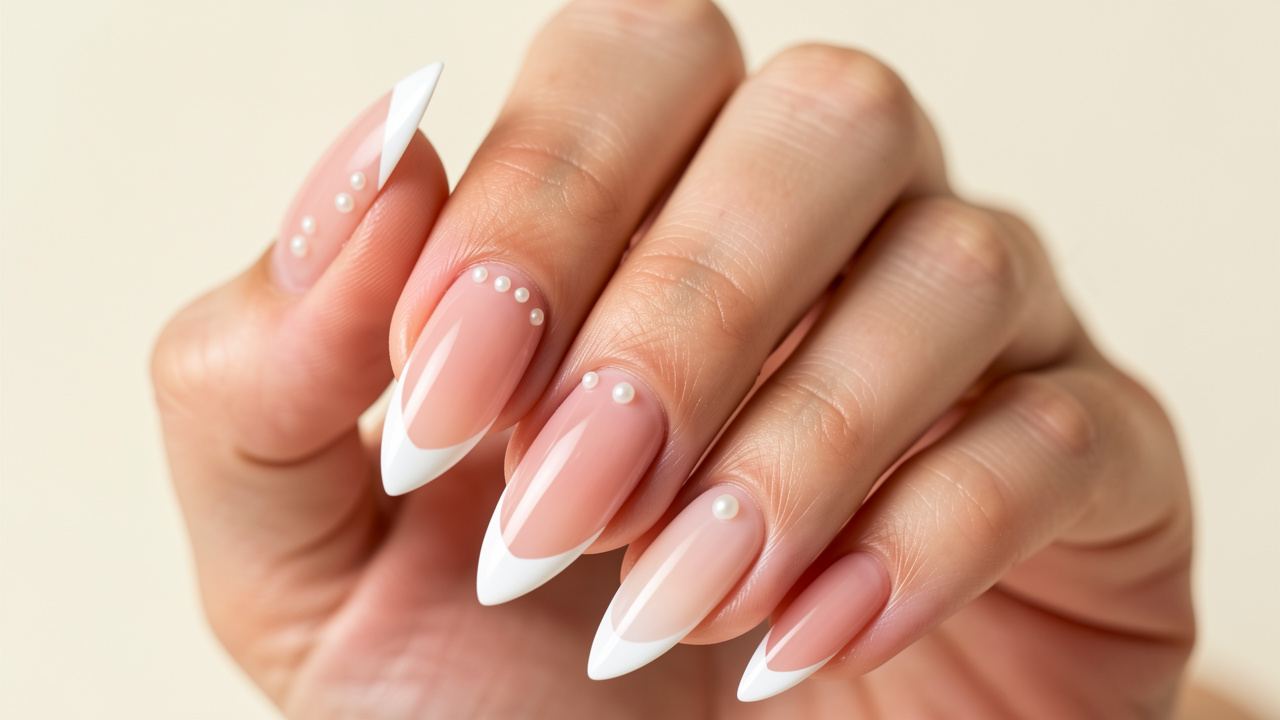 Mains féminines présentant une manucure française moderne avec des pointes blanches arrondies, une base rose translucide et de délicats accents nacrés.