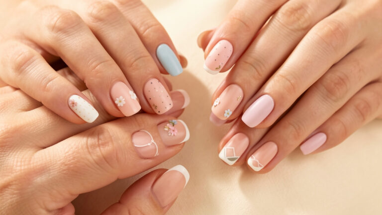 Mains d’une femme présentant sept idées de nail art faciles et élégantes, avec des couleurs pastel, des motifs délicats et des détails minimalistes.