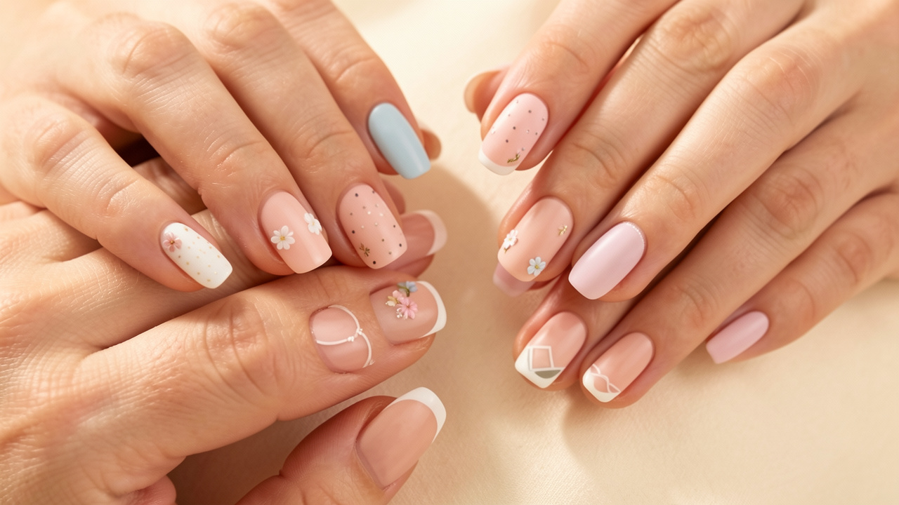 Mains d’une femme présentant sept idées de nail art faciles et élégantes, avec des couleurs pastel, des motifs délicats et des détails minimalistes.