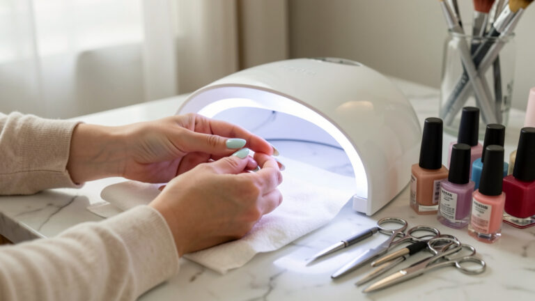 Mains d’une femme réalisant une manucure avec une lampe UV LED sur une table claire à la maison.