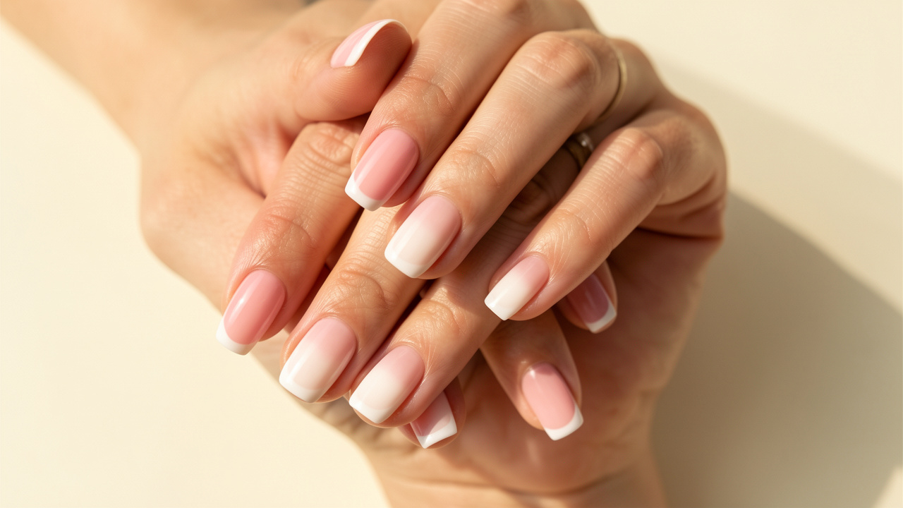 Mains d’une femme adulte présentant une manucure baby boomer élégante sur des ongles courts, avec un dégradé doux du rose vers le blanc laiteux.