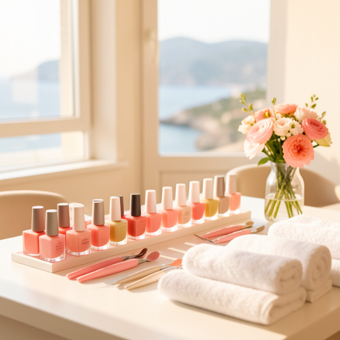 Poste de manucure élégant dans un salon lumineux de Calvi, avec vernis aux teintes roses et corail, outils soigneusement disposés et ambiance méditerranéenne.