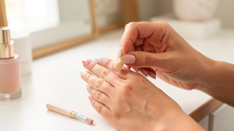 Mains d’une femme réalisant une manucure élégante en dégradé rose poudré et ivoire à la maison.
