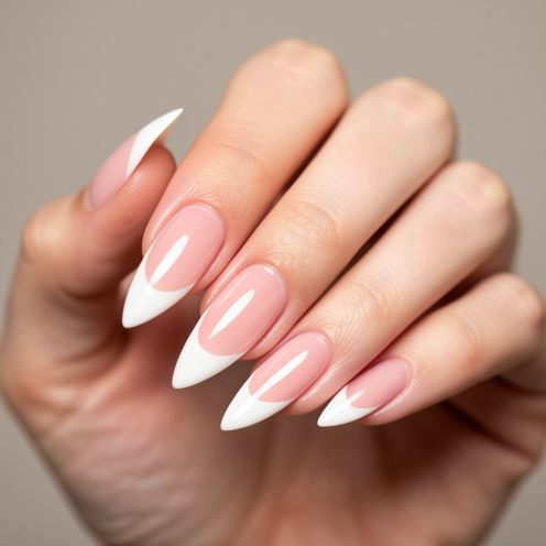 Mains féminines présentant une manucure French russe aux ongles en forme amande, avec une base rose translucide et des pointes blanches nettes.