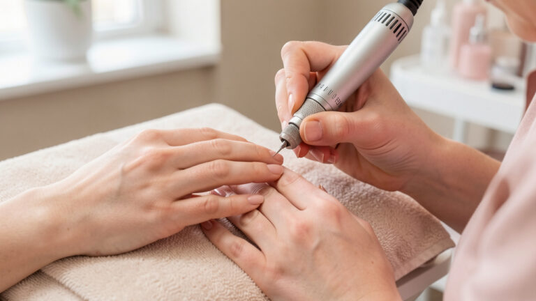 Gros plan sur les mains d’une femme pendant une préparation de manucure russe, avec un travail précis des cuticules et de la forme naturelle des ongles.