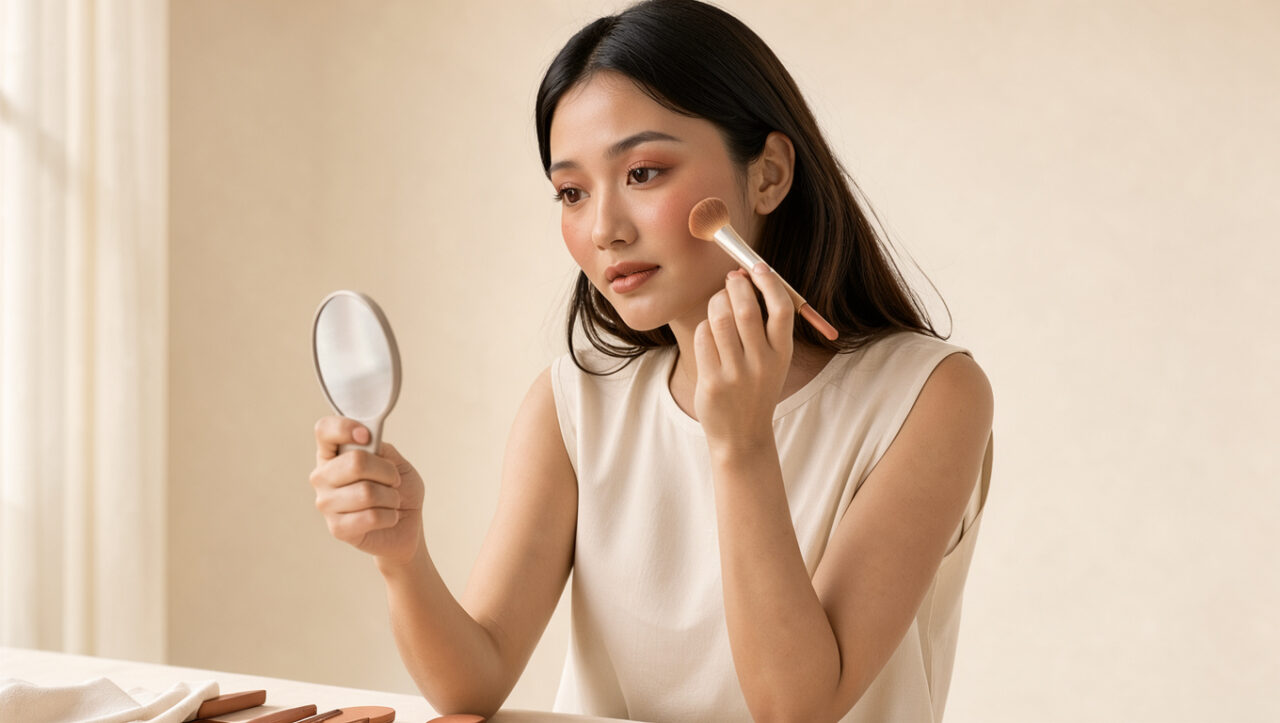 Jeune femme portant un maquillage monochrome aux tons terracotta, avec des nuances harmonisées sur les yeux, les joues et les lèvres.