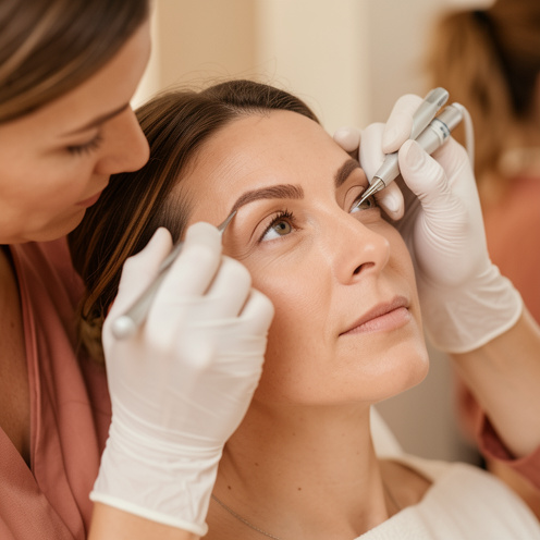 Femme recevant un soin esthétique précis des sourcils dans un salon de beauté aux couleurs méditerranéennes.