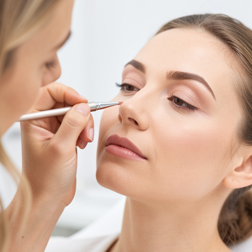 Gros plan sur une femme adulte recevant un maquillage permanent des lèvres réalisé avec précision par une technicienne dans un studio lumineux.