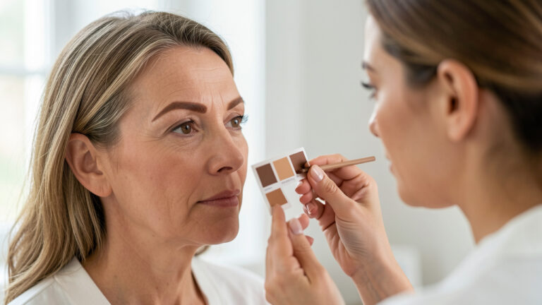 Une femme mature observe dans un miroir ses sourcils naturellement définis tandis qu’une spécialiste compare des teintes brunes discrètes adaptées au vieillissement.