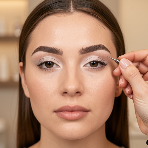 Gros plan sur une femme présentant deux styles de sourcils, l’un avec des traits fins imitant les poils et l’autre avec un effet poudré dégradé.