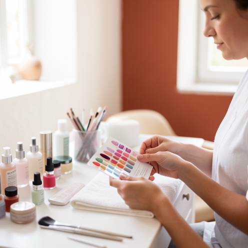 Une cliente compare différentes teintes de manucure pendant qu’une prothésiste ongulaire prépare son espace de travail dans un salon élégant.