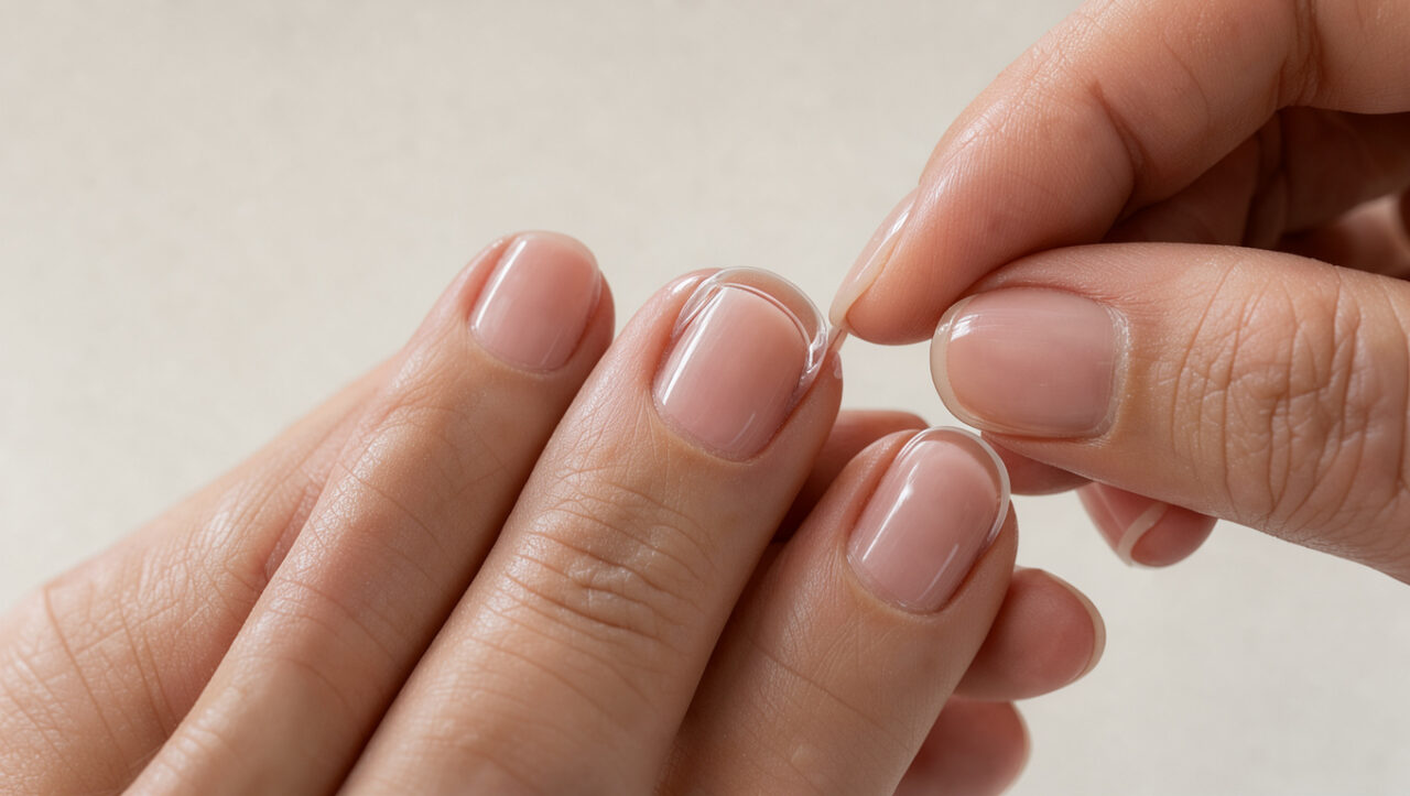 Gros plan sur les mains d’une femme présentant une manucure en gel dont un ongle se décolle légèrement sur le bord.