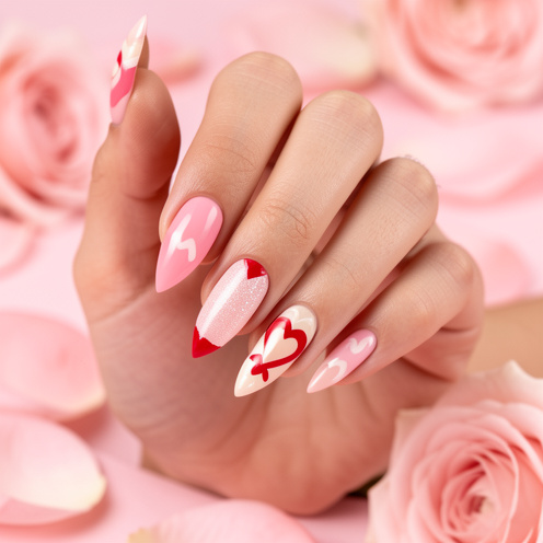 Mains d’une femme présentant une manucure en gel élégante aux tons rose, rouge et ivoire, décorée de petits motifs de cœurs et de paillettes délicates.
