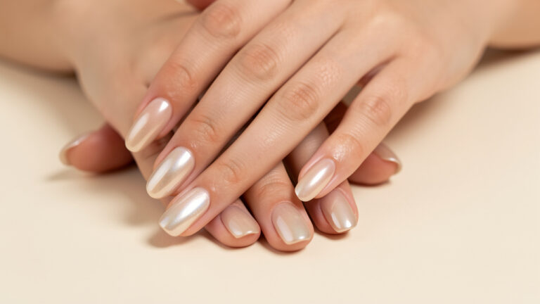 Gros plan sur les mains d’une femme présentant une manucure glazed donut nacrée, dans des tons beige laiteux avec une finition lumineuse effet chrome.