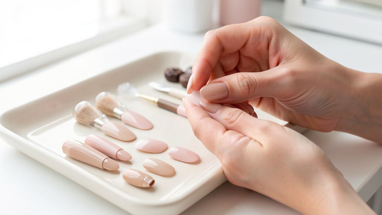 Gros plan sur les mains d’une femme appliquant délicatement des faux ongles press-on aux teintes nude et rose pâle, avec des accessoires de manucure disposés sur un plateau clair.